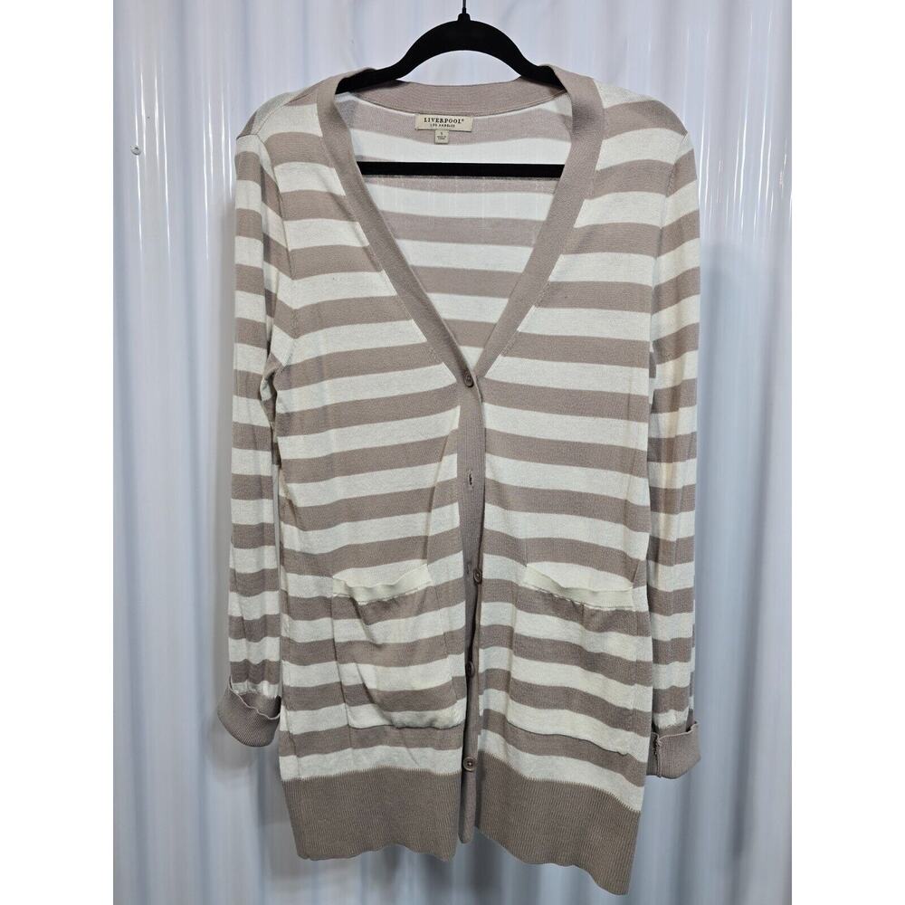 Liverpool Women's Sweater Stripes Beige Size Small Button Front V-neck Cardigan